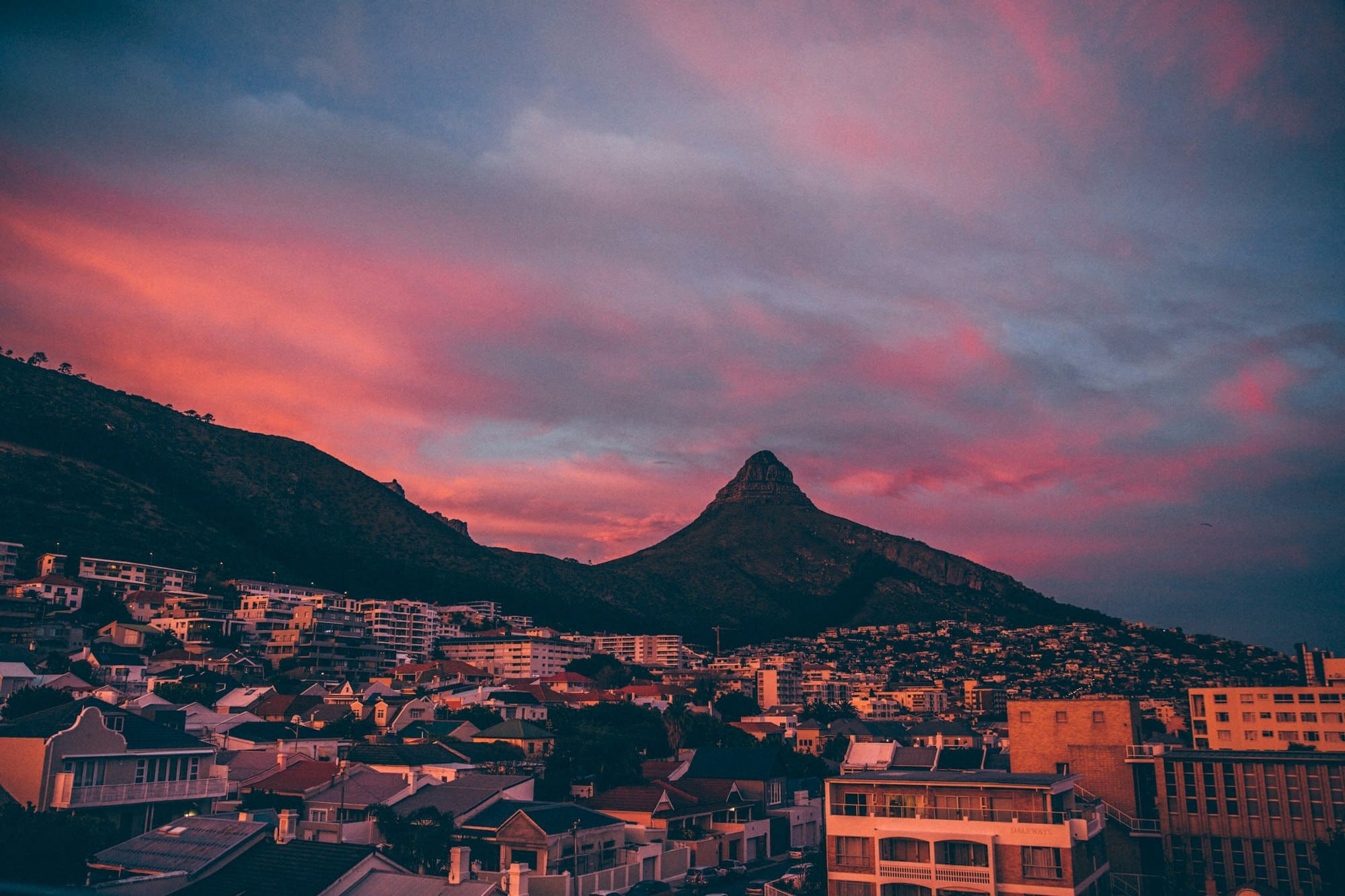 Shape of Lions Head Mountain in Cape Town, Sea Point at sunset. South Africa